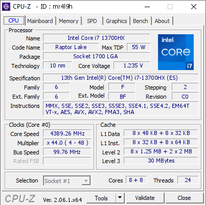 Intel Core i7 13700HX @ 4389.26 MHz - CPU-Z VALIDATOR