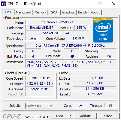 Intel Xeon E5-2690 v4 @ 3198.11 MHz - CPU-Z VALIDATOR