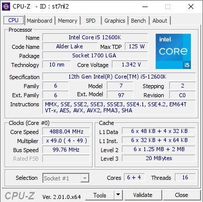 Intel Core i5 12600K @ 4888.04 MHz - CPU-Z VALIDATOR
