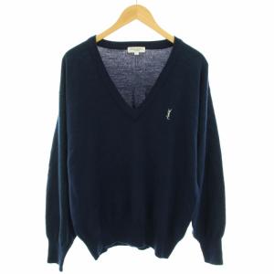 茶タグ ヴィンテージ ニット セーター ロゴライン 長袖 L 茶 ブラウン