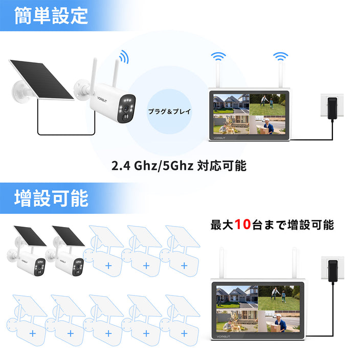 VORGUT 防犯カメラ 屋外 ソーラー 4台 モニター付き ワイヤレス 400万