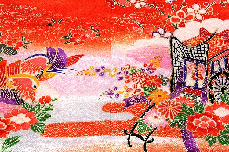 御所車におしどり柄 金彩加工 豪華な 女児三才 三ッ身 七五三 着物