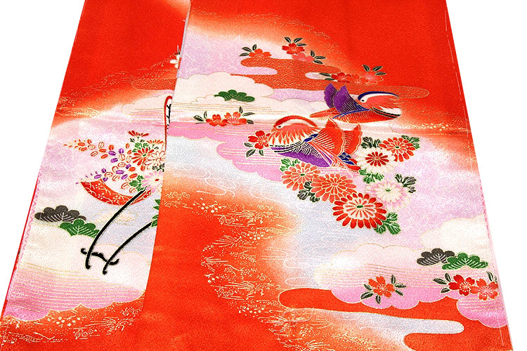 御所車におしどり柄 金彩加工 豪華な 女児三才 三ッ身 七五三 着物