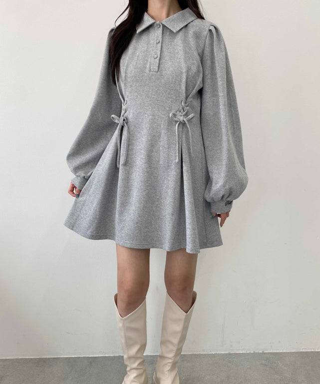 HuDieGongZhu グレーy2kgalミニワンピース 長袖レースアップL