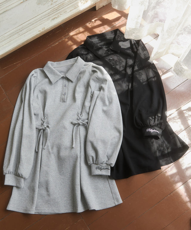 HuDieGongZhu グレーy2kgalミニワンピース 長袖レースアップL