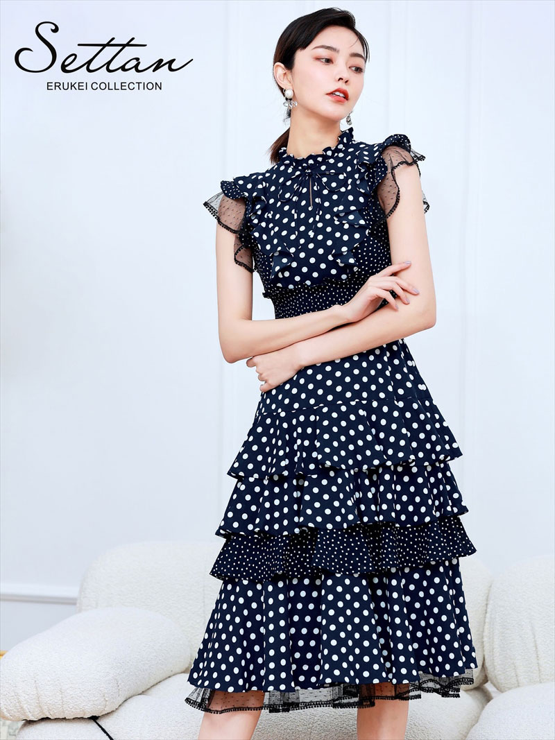 ドットティアードフリルマキシワンピミディアムワンピース/山崎みどり