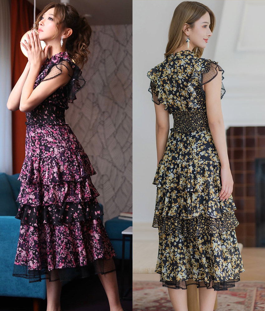 ブラック×ピンク花柄ティアードドレス/山崎みどり - カラードレス