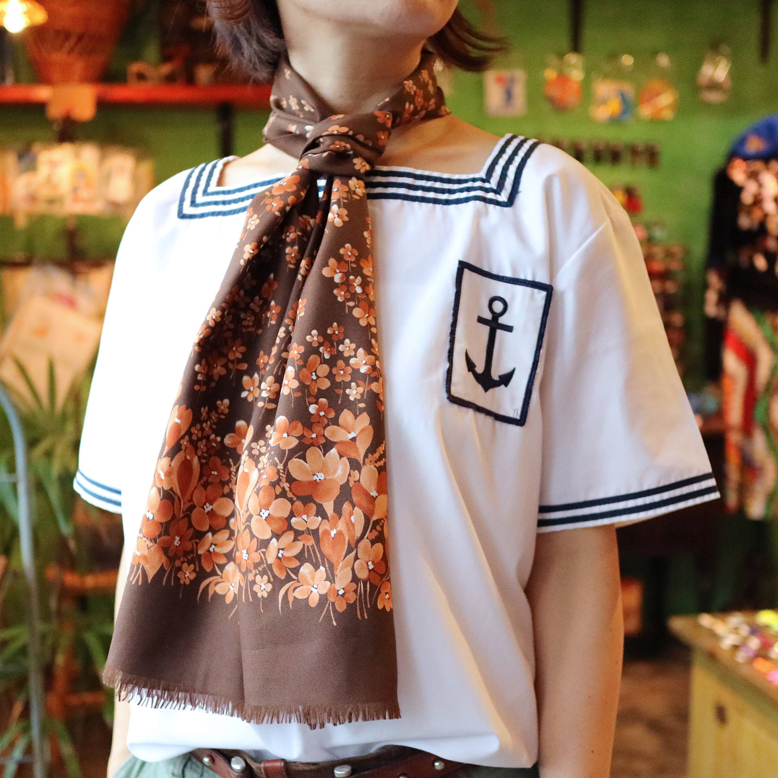 45R☆フラワープリントのシルクのこんぶ＊ロングスカーフ/ブラウン