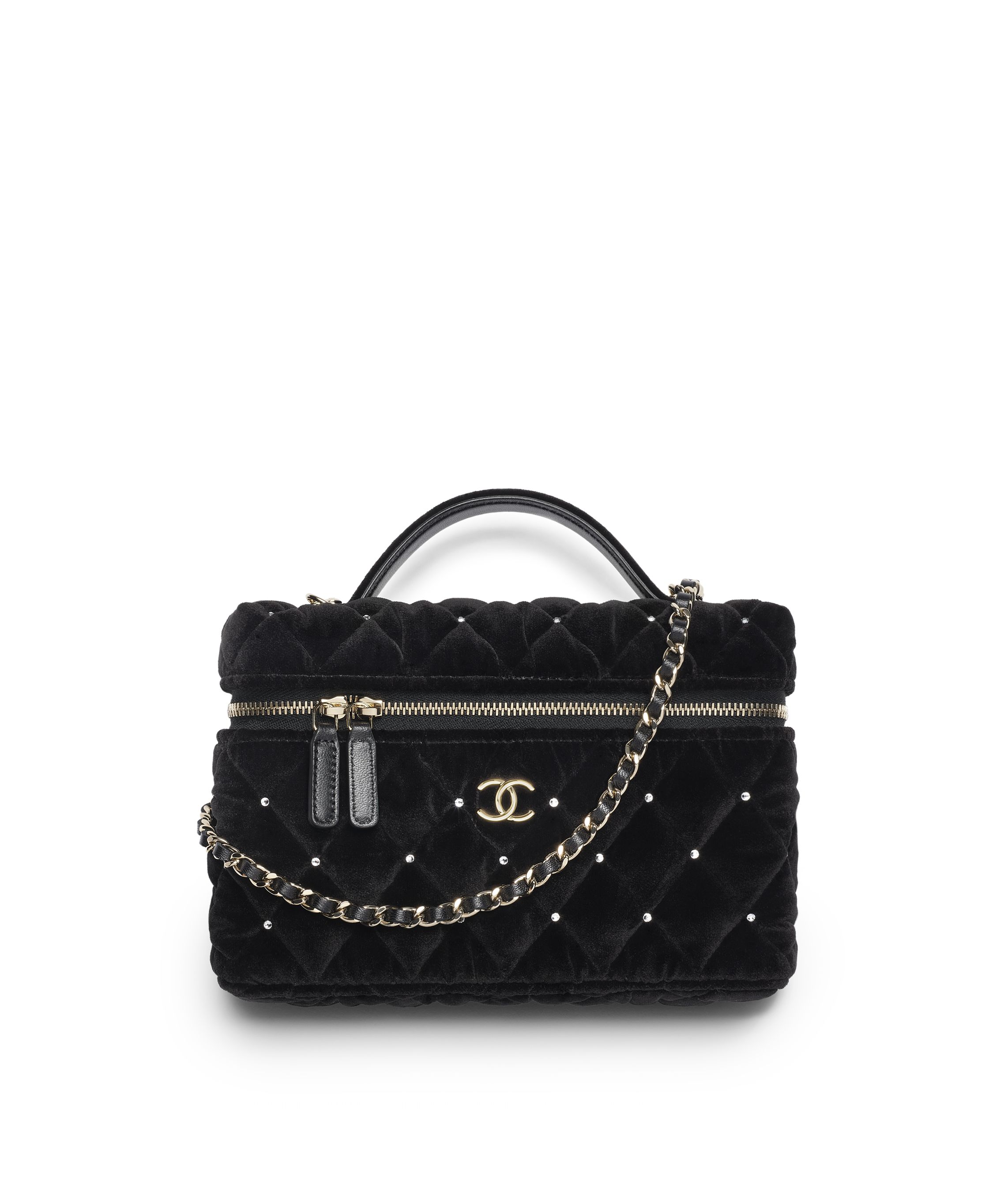 Pouch - Velvet, strass & gold-tone metal, black — Fashion | CHANEL