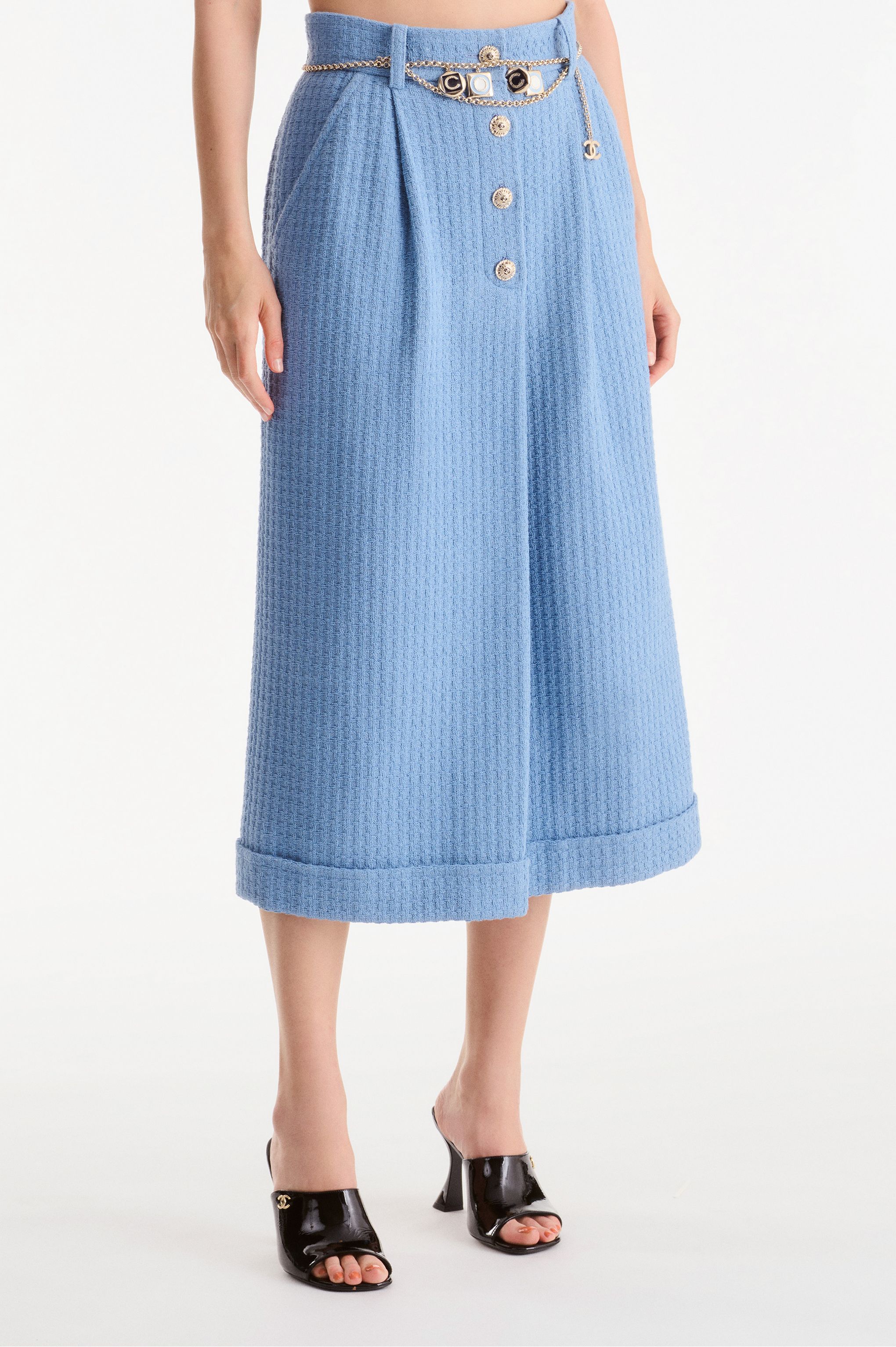 ミディ スカート - コットン ツイード、ブルー — ファッション