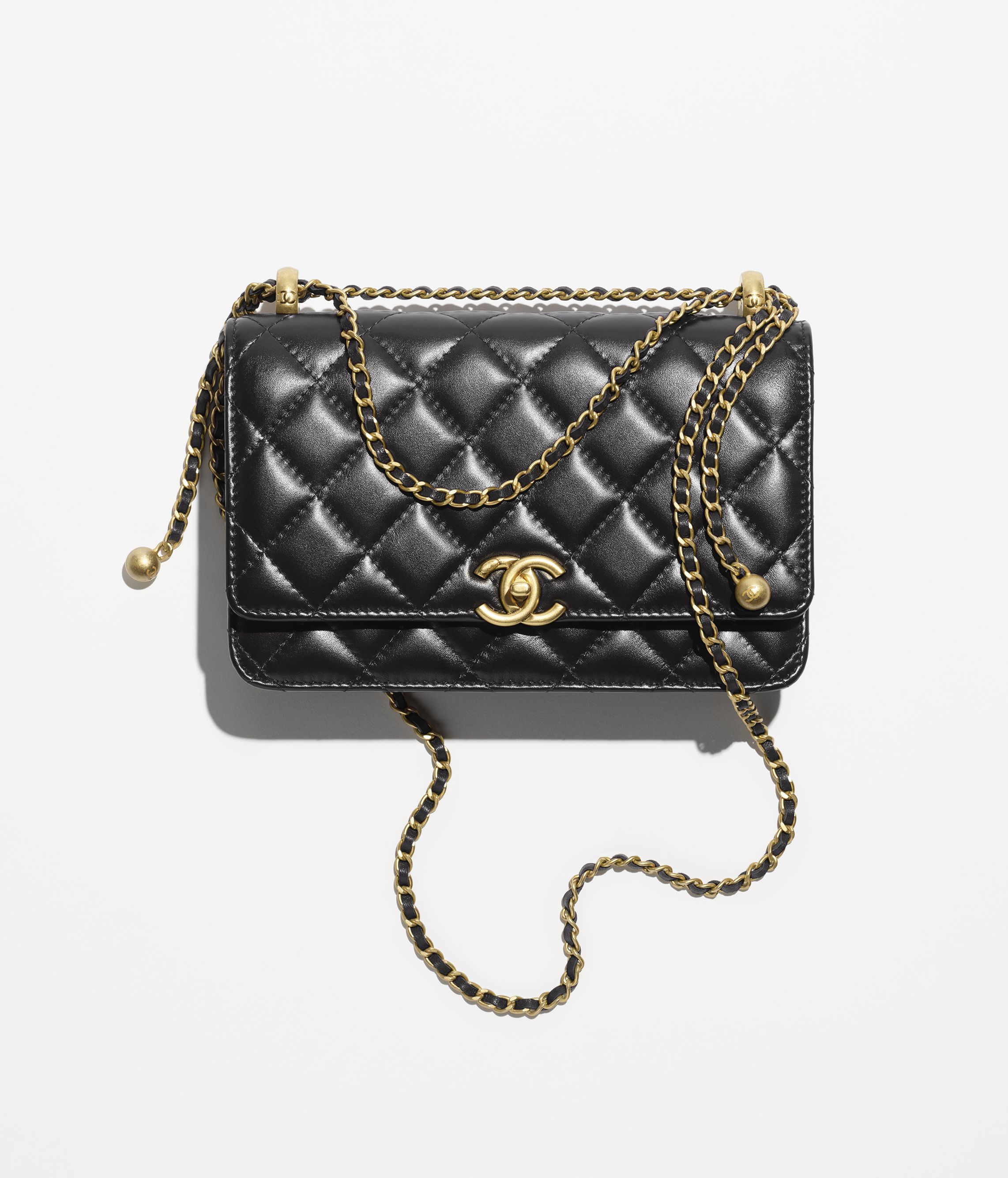 チェーンウォレット - シャイニー カーフスキン 、ブラック