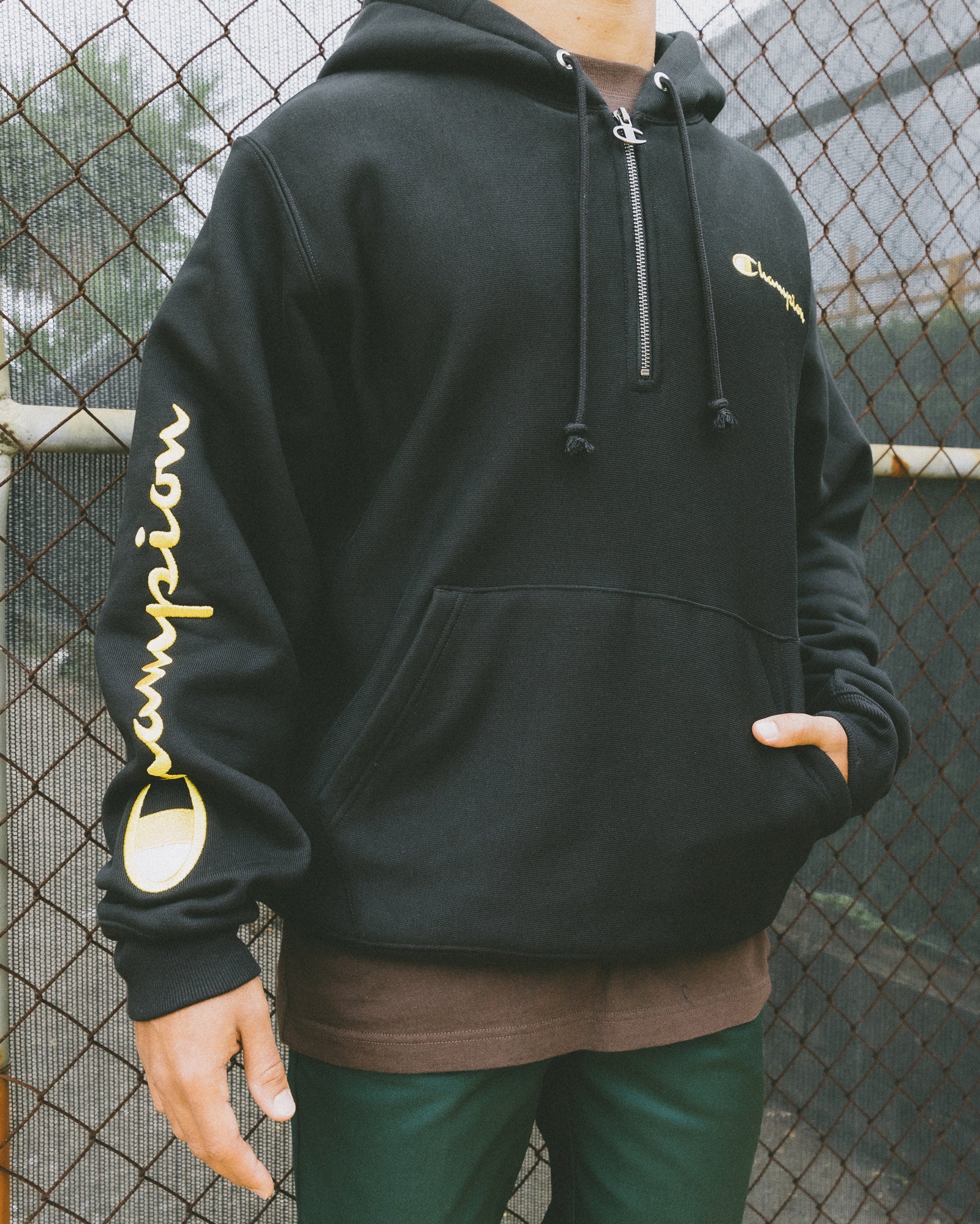 Champion Reverse Weave Quarter Zip Hoodie Black/Gold | Culture