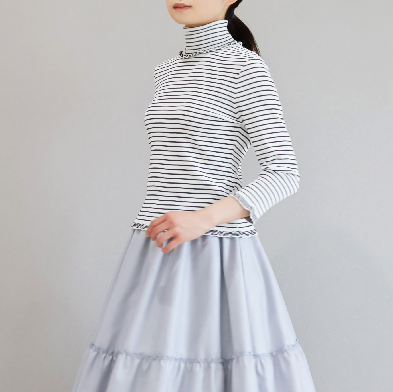 ボーダー柄 タートルネック 7分袖ストレッチプルオーバー【JM1278BD