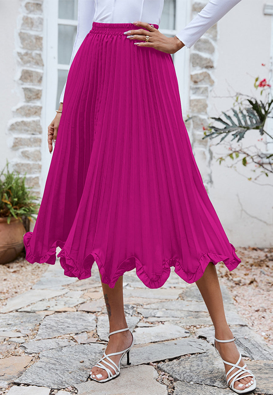 Pleated Asymmetrical Ruffle Hem Skirt for Women Below Knee Length