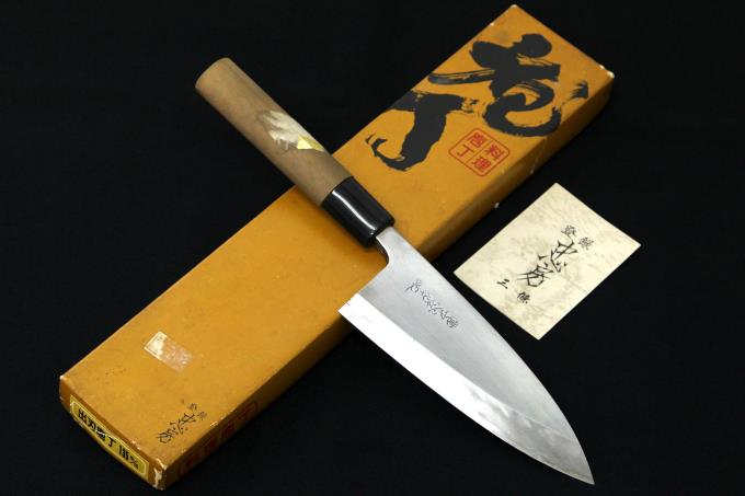 丸寅 出刃包丁 四寸半 (実寸：刃渡り141mm) 霞 PC口輪 朴栗型柄 箱付