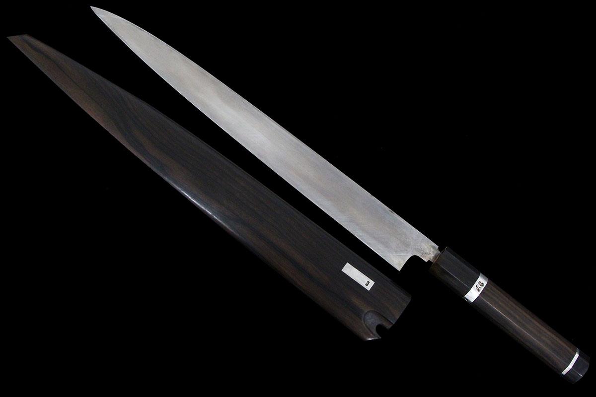 柳刃包丁 本焼 尺二 銀巻黒檀柄 黒檀鞘・袱紗・桐箱付 名入 KN02-A9210