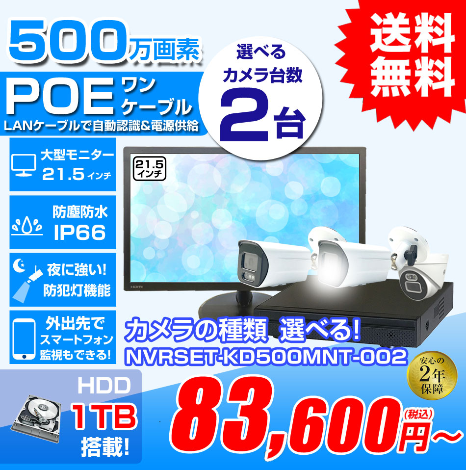 防犯カメラ 2台セット 屋外 21.5インチモニターセット 録画機付き AI