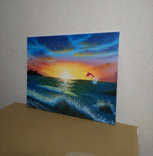 夕日の海とイルカ」 by 白薔薇｜Artmeter｜暮らしを彩るアートが