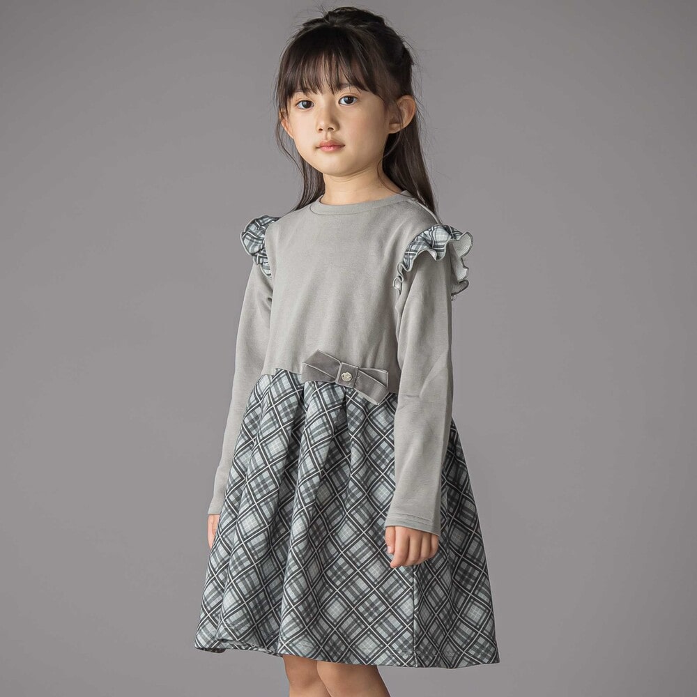 お揃い】チェック柄裏毛ベロアリボンタックワンピース(95~150cm)(95cm