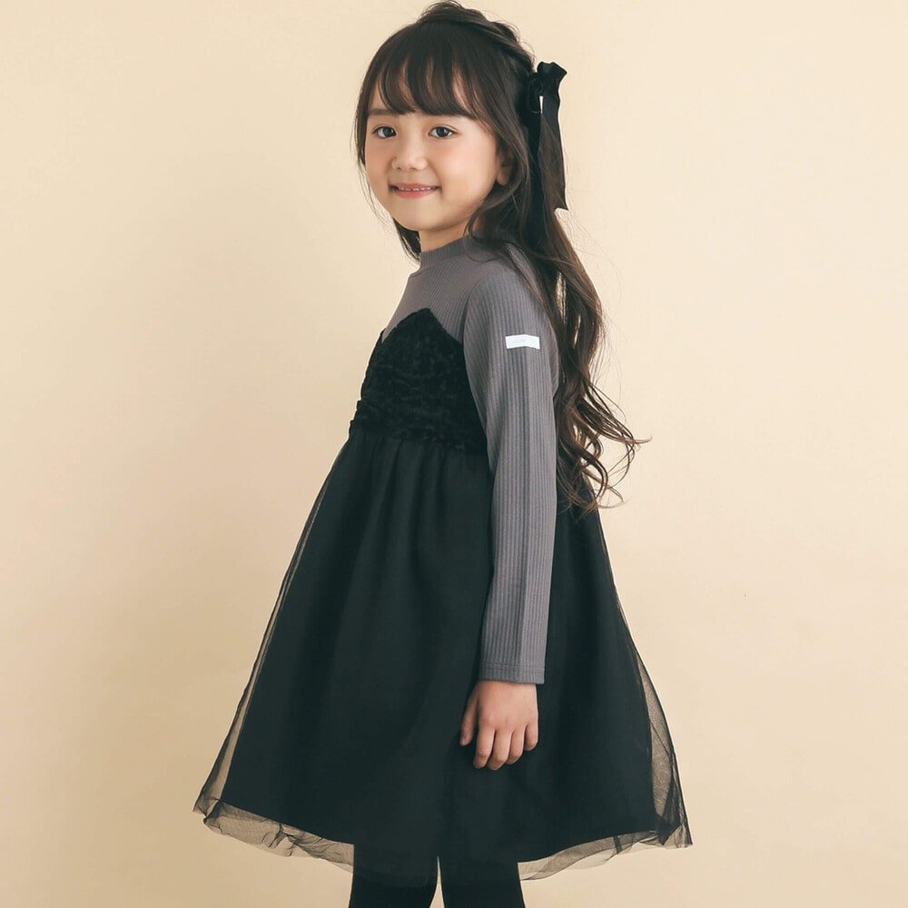 花柄チェック柄チュールドッキングワンピース(80~130cm)(80cm ネイビー