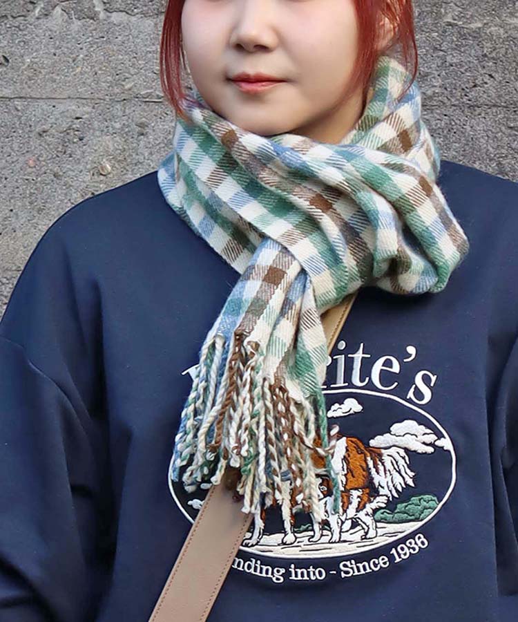 レトロカラーチェックマフラー マフラー チェック アイボリー ブラウン