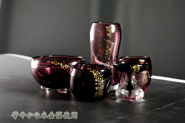 和み系モダン仏具【はるか：吹きガラス5具足セット】パープルカラー