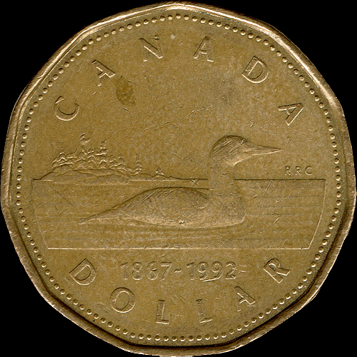 カナダ125周年記念 1ドル 青銅メッキニッケル貨(通常貨幣図柄版)(1992