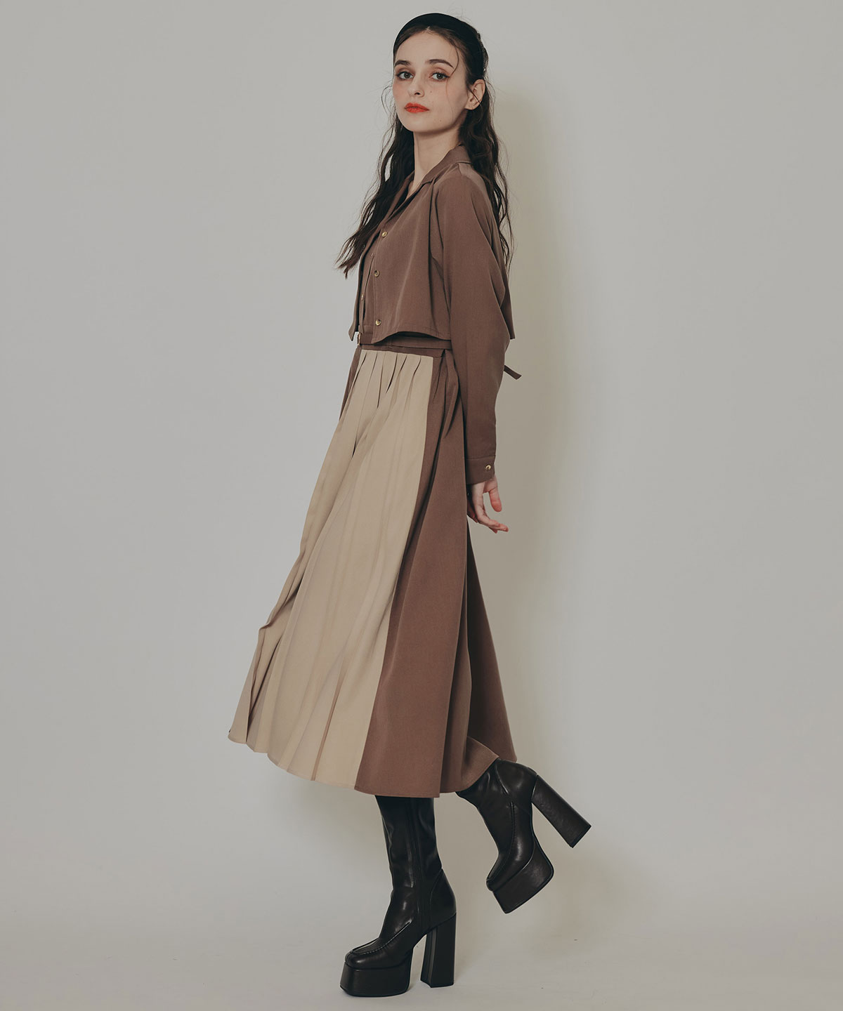 バイカラーアシメプリーツロングスリーブシャツワンピース