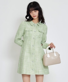 ビジューボタンファンシーツイードシャツミニワンピース(S ホワイト