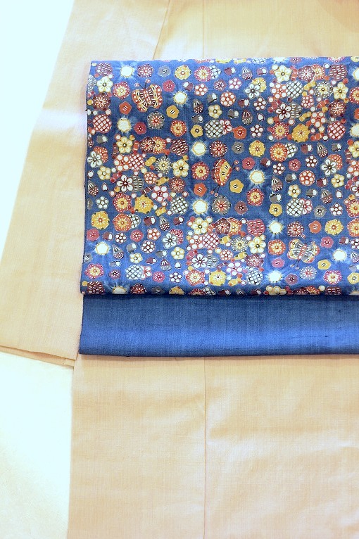 型絵染九寸名古屋帯/岡本紘子作 花 藍染絞り