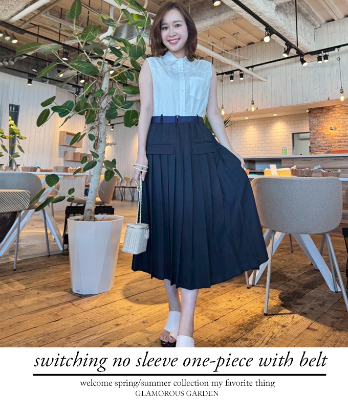 ベルト付き切り替えノースリーブワンピース【7g-831-05618】