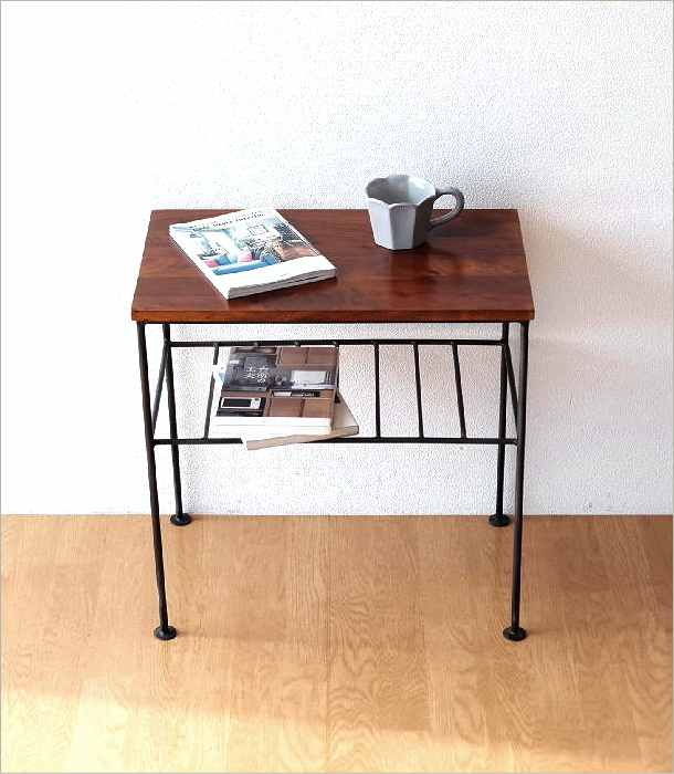 サイドテーブル 木製 アイアン 棚付き 天然木 無垢材 鉄脚 アカシア