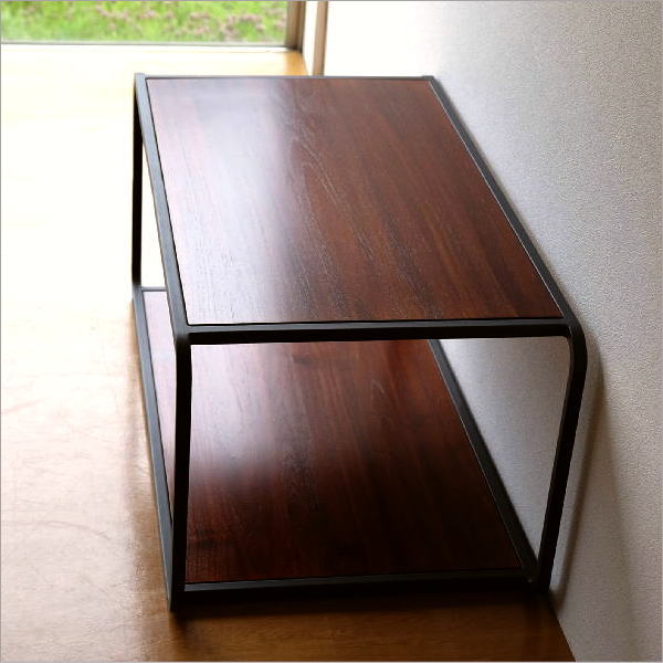 ローテーブル チーク材 木製 天然木 無垢材 棚付き 角丸 幅100 奥行55