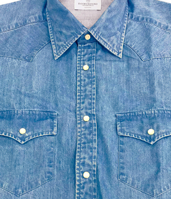 製品洗い加工】ブルー インディゴ デニム ウエスタンシャツ | 土井縫工