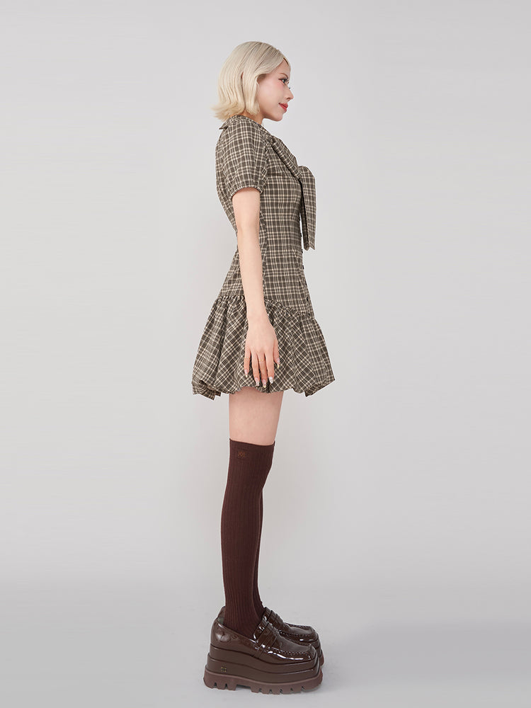 Darich ダーリッチビッグリボンバルーンチェックミニワンピースBEG