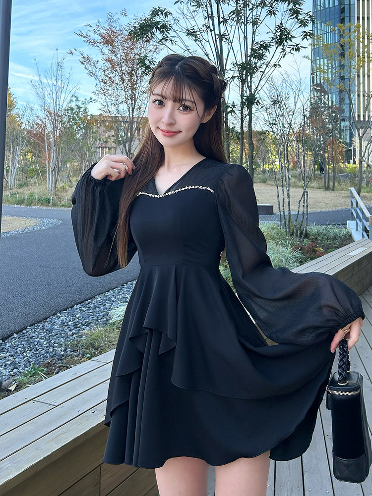 piumティアードフリルミニワンピース ブラック ティアードフリル長袖