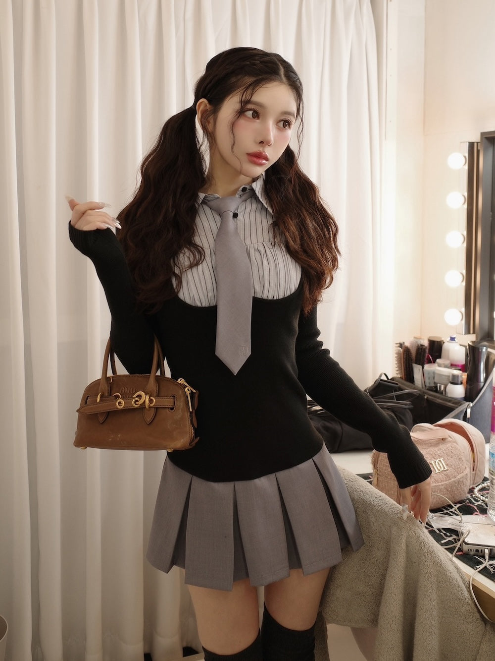 Darich ダーリッチ シャツドッキングプリーツニットミニワンピース BLK