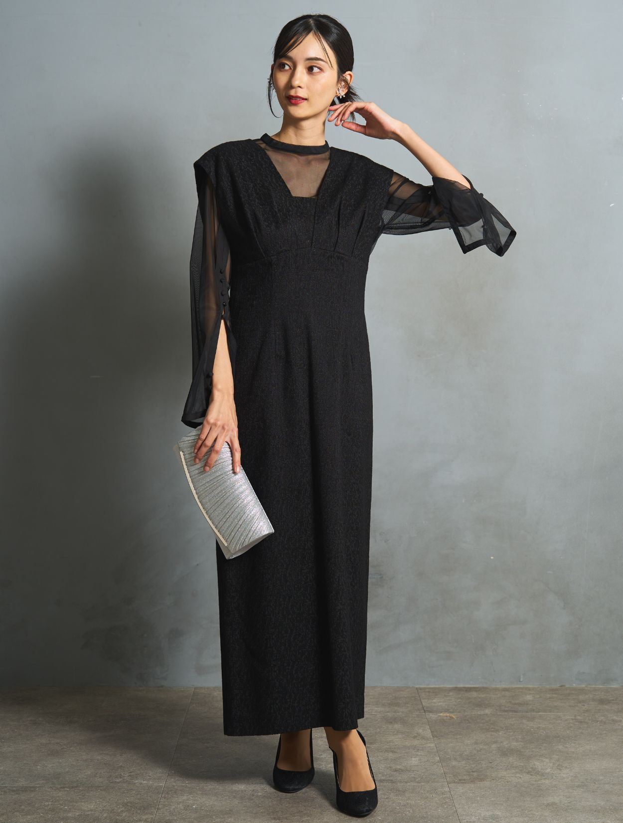 M/L】シアートップス付きジャガードドレス（ブラック）DPSET0761の