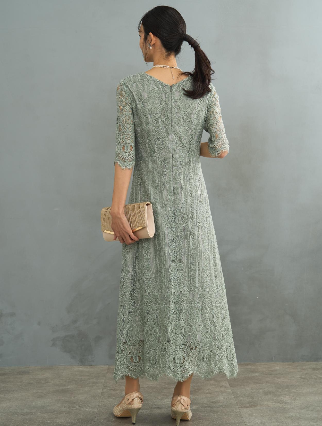 M】Vネックスカラップレースドレス（グリーン）DPSET0604のレンタル