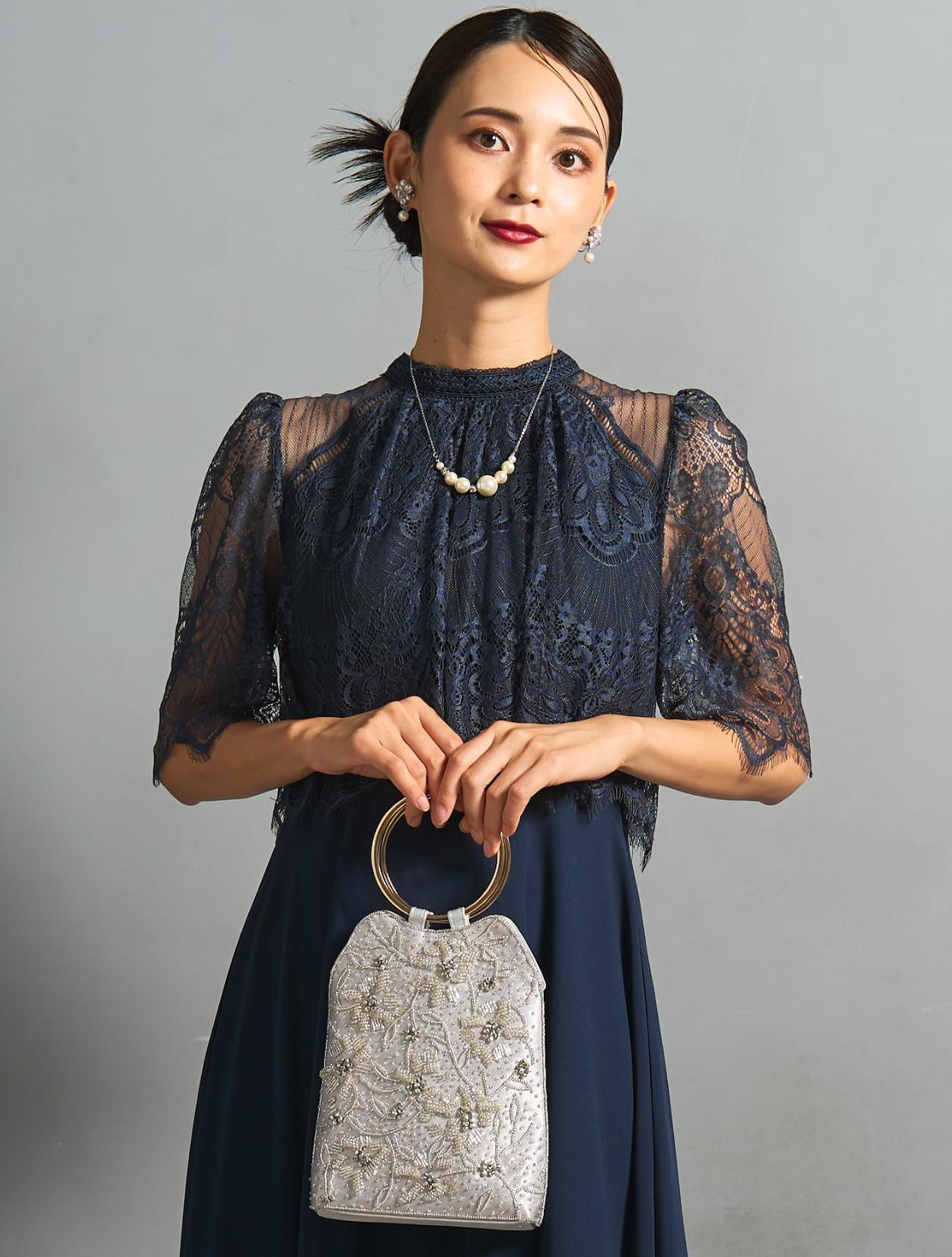 M/L】レーストップスヘム裾ドレス（ネイビー）DPSET0854のレンタル