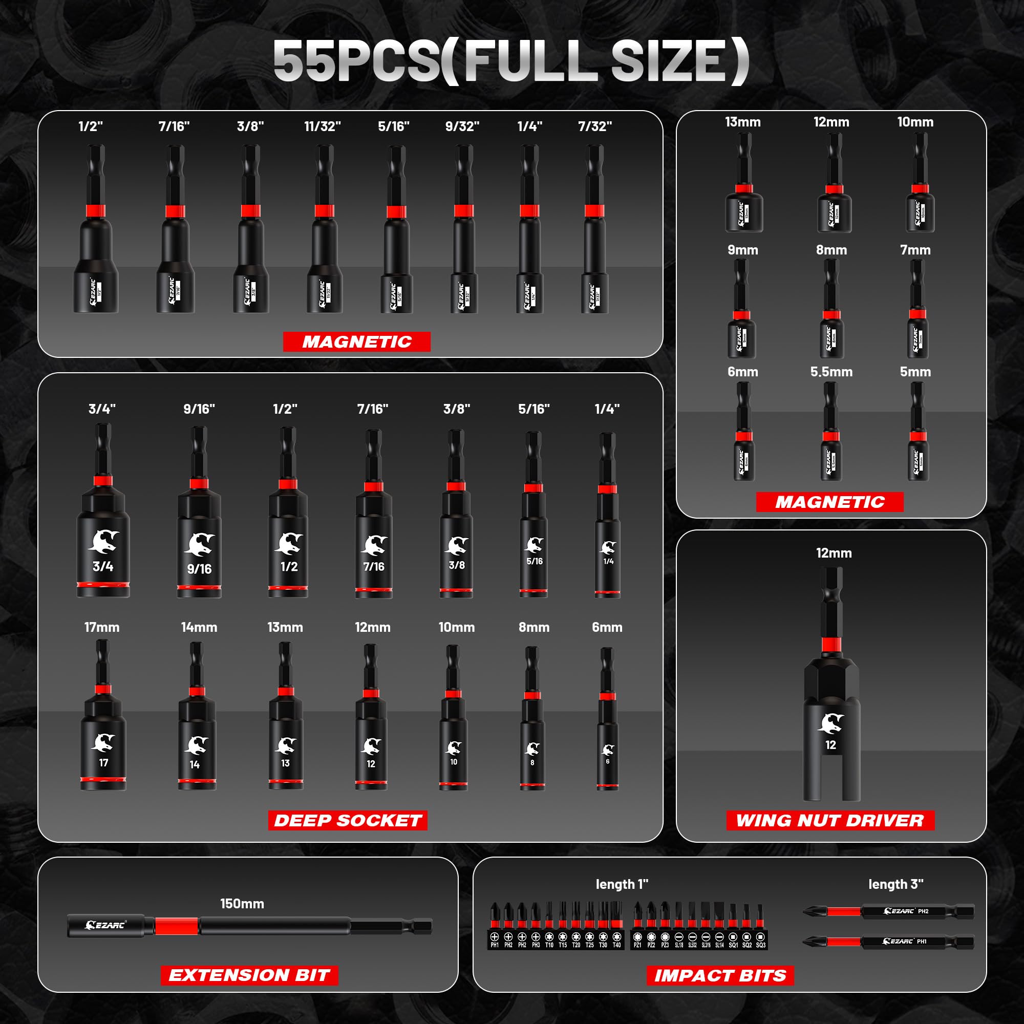 EZARC 55-Piece Magnetic Nut Driver & Bit Set for Impact Drills and Wre