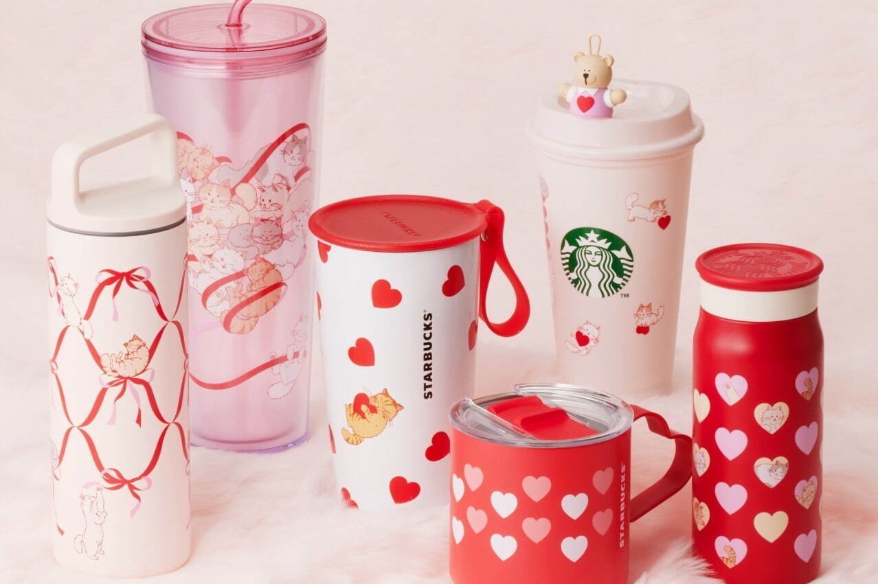 スターバックス25年バレンタイングッズ、“ハート＆リボンで遊ぶ猫”の