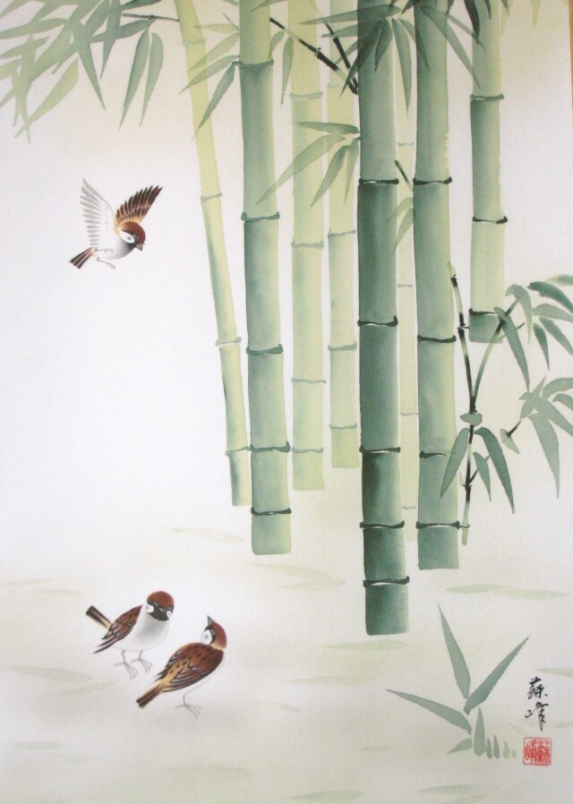 掛け軸 竹に雀◇富岡蘇峰 (特殊工芸作品・新品)