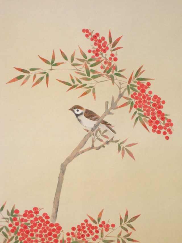 掛け軸 南天に雀◇石原章堂（真作・新品）