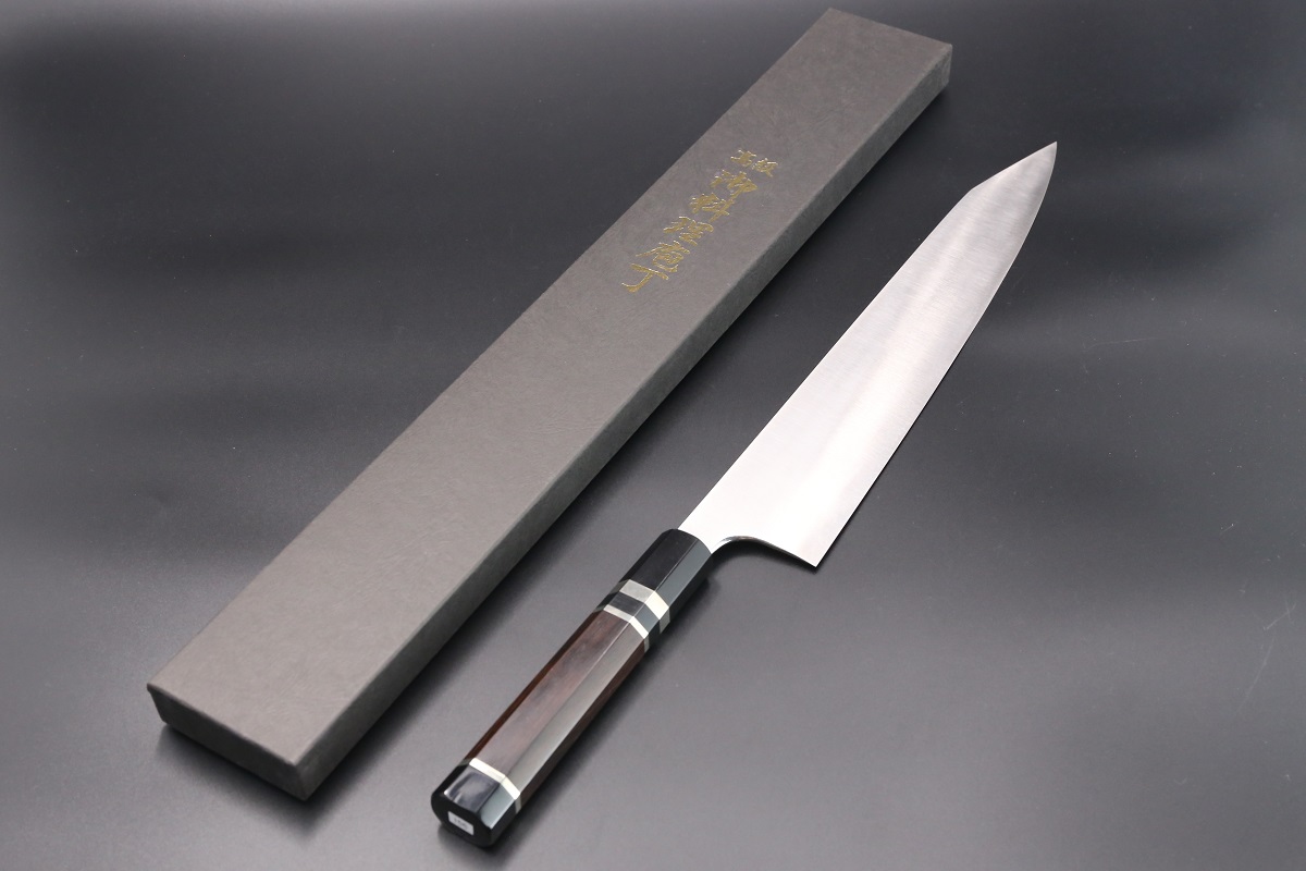 勘所型 切付和牛刀 V金10号 330mm 全鋼本焼 木砥仕上 八角黒檀柄-歌舞