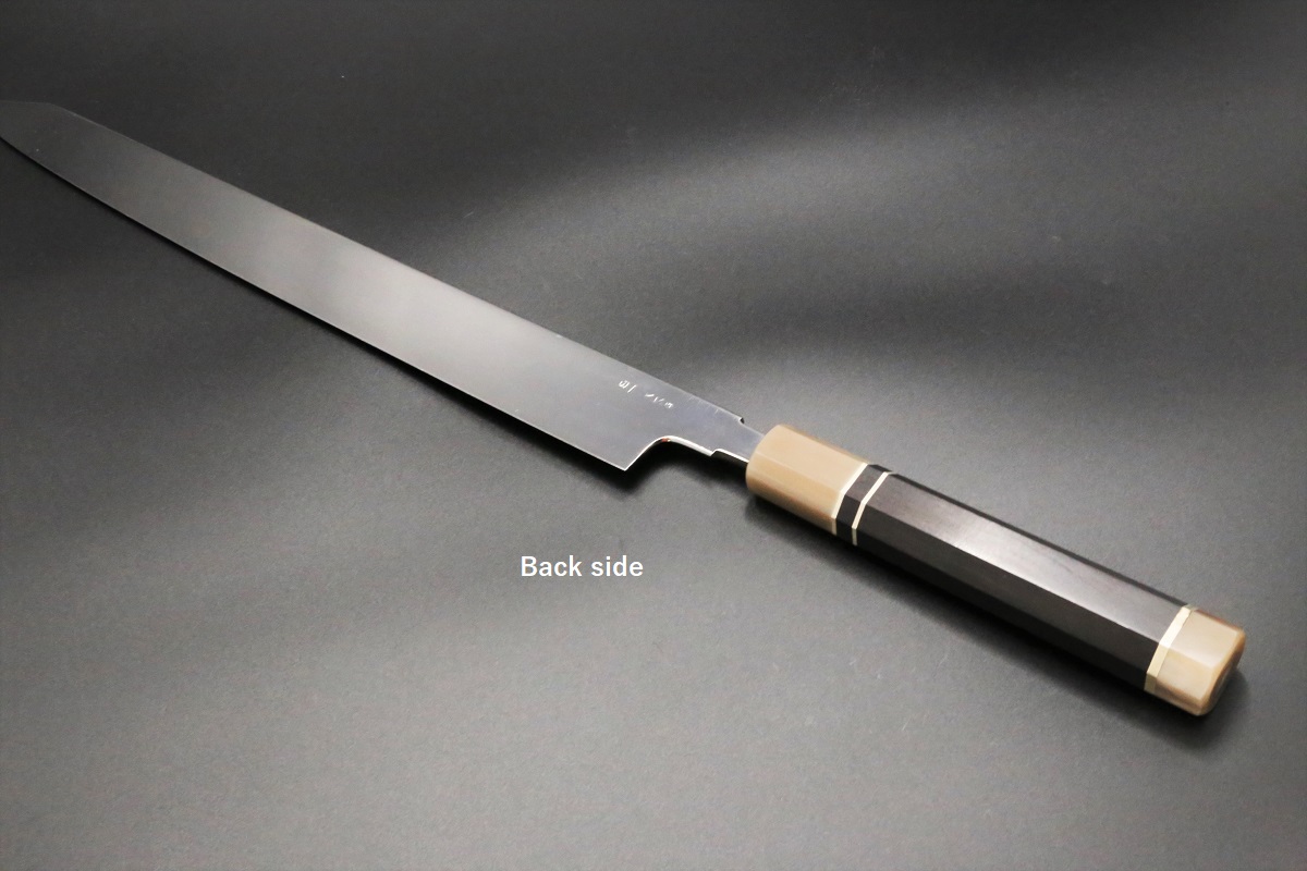 切付柳刃 白一鋼 水本焼 360mm 富士掛かり満月 両鏡面 八角黒檀柄 玄海