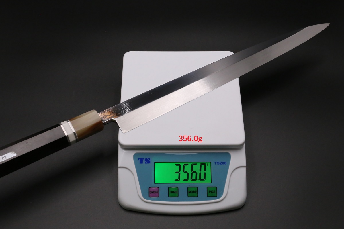 柳刃 白一鋼 330mm 水本焼 正行作 八角黒檀柄 池田辰男作-歌舞伎ナイフ