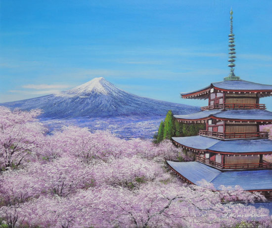 絵画 油絵 富士と塔と桜 （木村由記夫） 送料無料 【肉筆】【油絵