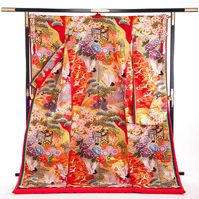 花嫁 正絹 色打掛レンタル 010027 赤 ブルー 孔雀 重ね仕立て