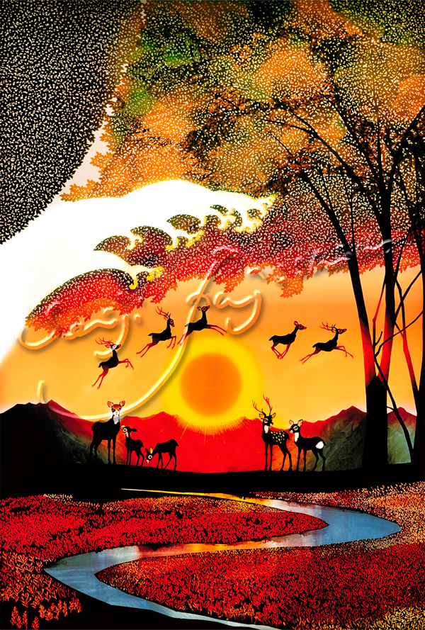 藤城清治：レフグラフファイン版画 夕日と鹿（大）（受注生産商品